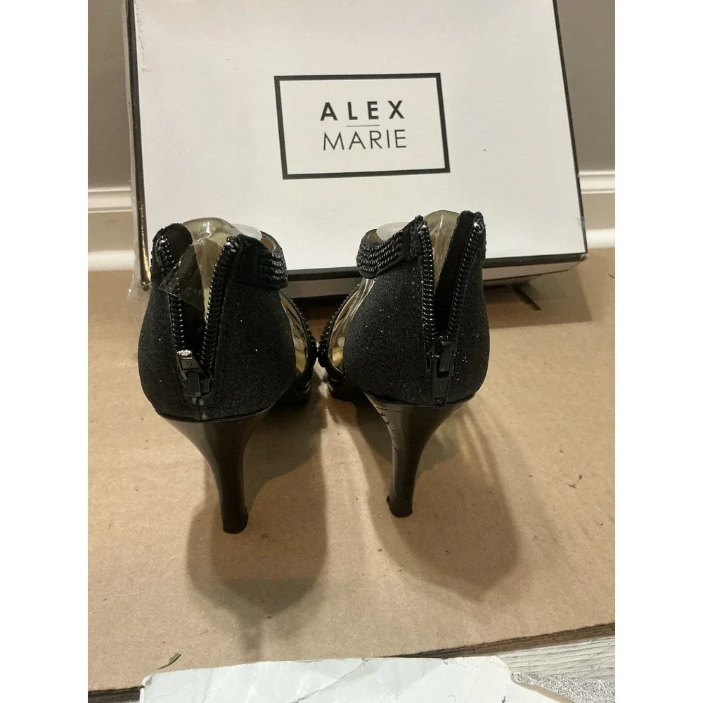 Alex Marie Black Rhinestone Heels Women's Size 7.5  M Shoes Zip Back Peep Toe